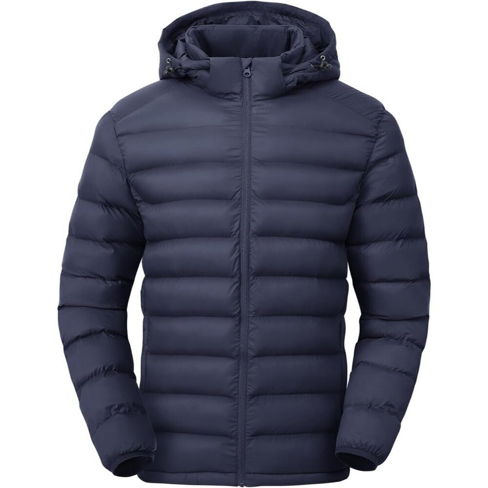 Men’s Navy 100% Nylon Hooded Zip-Up Lightweight Warm Winter Puffer Jacket